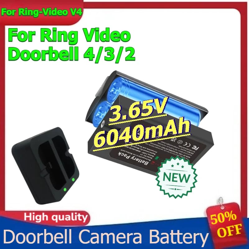Batteria agli ioni di litio per Ring-Video V4 per Ring Video Doorbell 4/3/2 Batteria per telecamera per campanello 3.65V 6040mAh + doppia ricarica