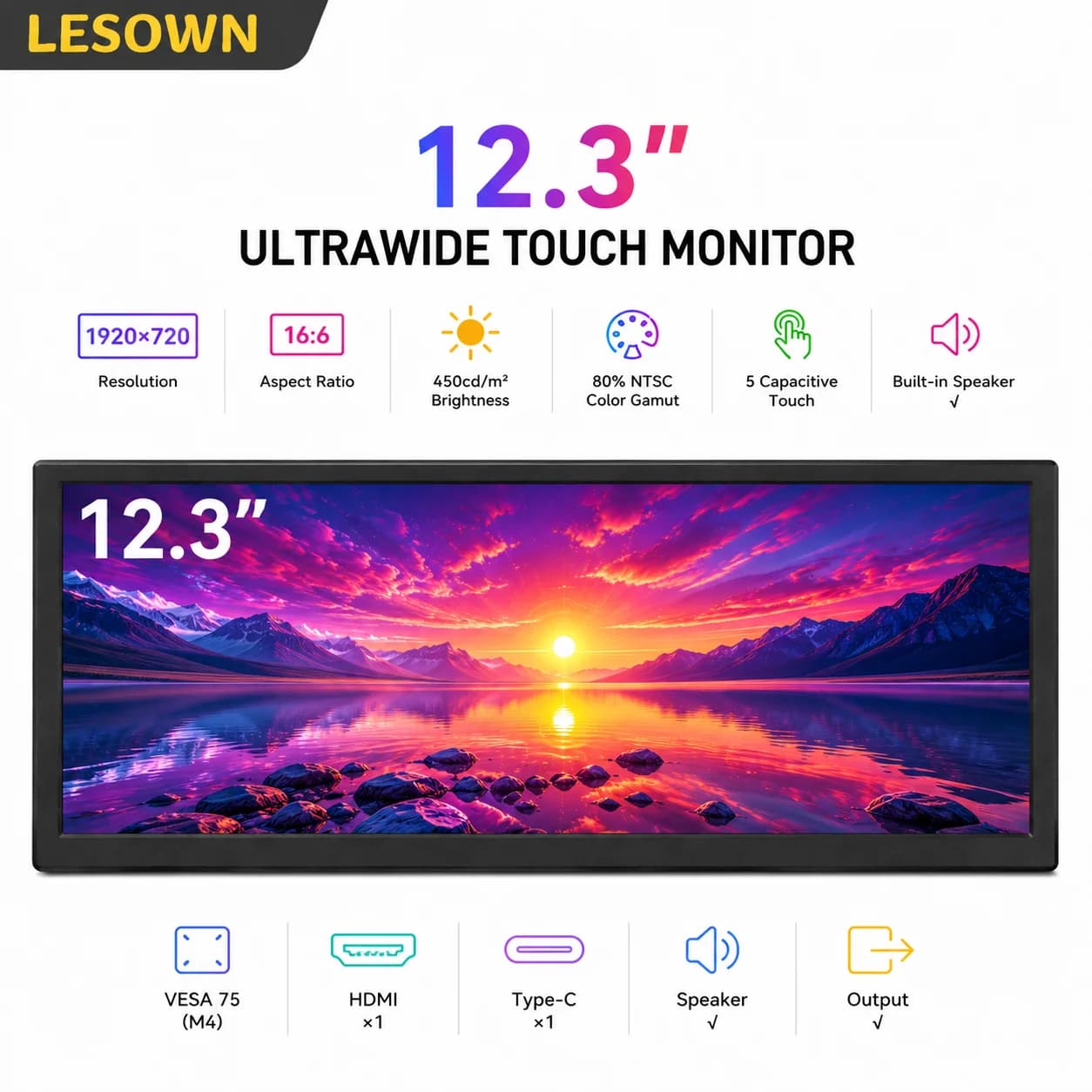 LESOWN 12.3 Inch Touchscreen Monitor 1920x720 Ultrawide HDMI Type-C Raspberry Pi PC Secondary Screen Industrial HMI VESA