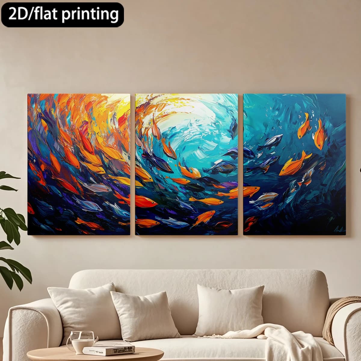 Decorative painting on canvas with wooden frame, 3 pieces. Vivace scene of fish and waves. Tende per camera da letto ikea.