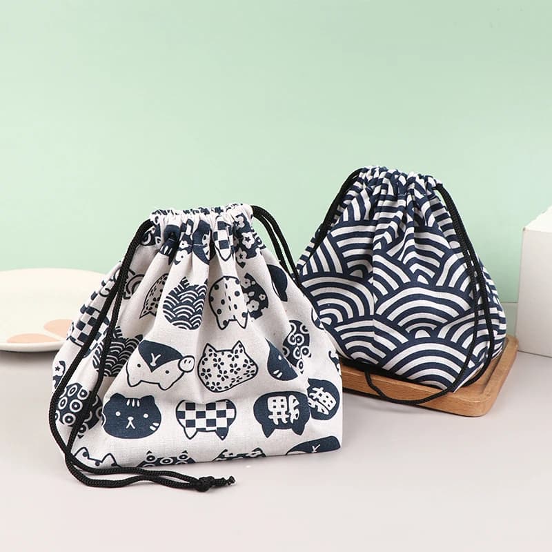 1Pc Japanese Style Drawstring Lunch Box Storage Bag For Travel Picnic Portable Easy Wash Bento Lunch Box Tote Pouch.
