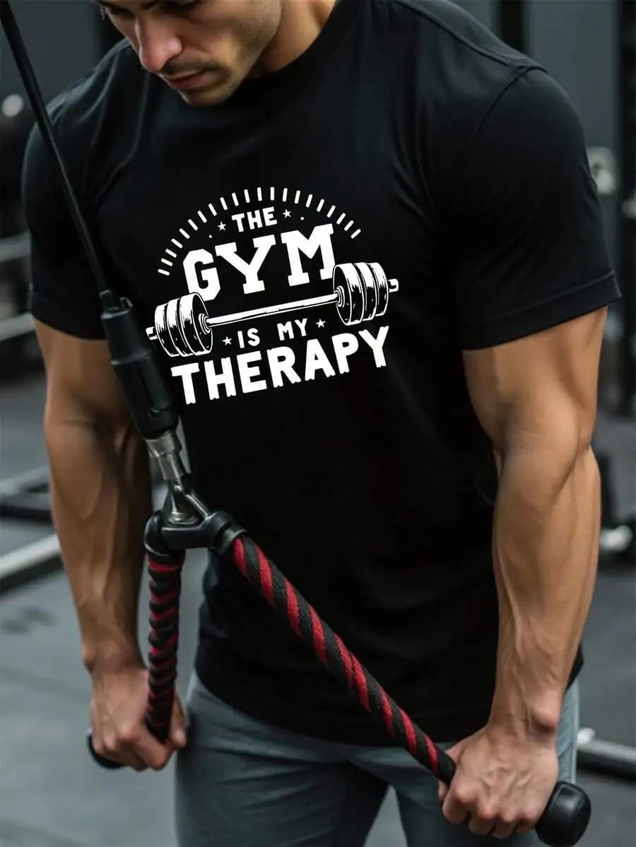 Men Dumbbell & Letter Print Crew Neck Short Sleeve Sporty T-Shirt Gym ,Comfortable, Breathable And Moisture-Wicking Compression