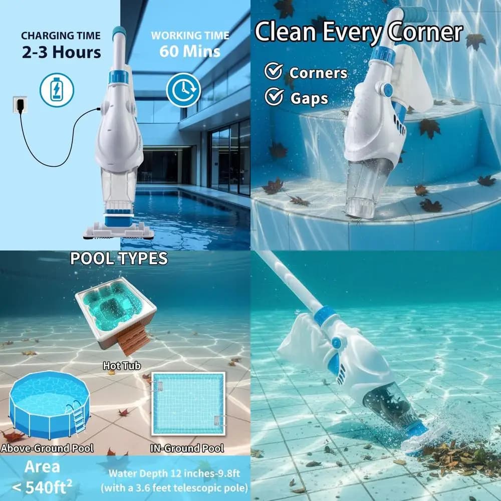 Aspirapolvere per piscina senza fili con manico telescopico per piscine fuori terra | Batteria da 60 minuti, aspirazione 11 GPM, doppi filtri