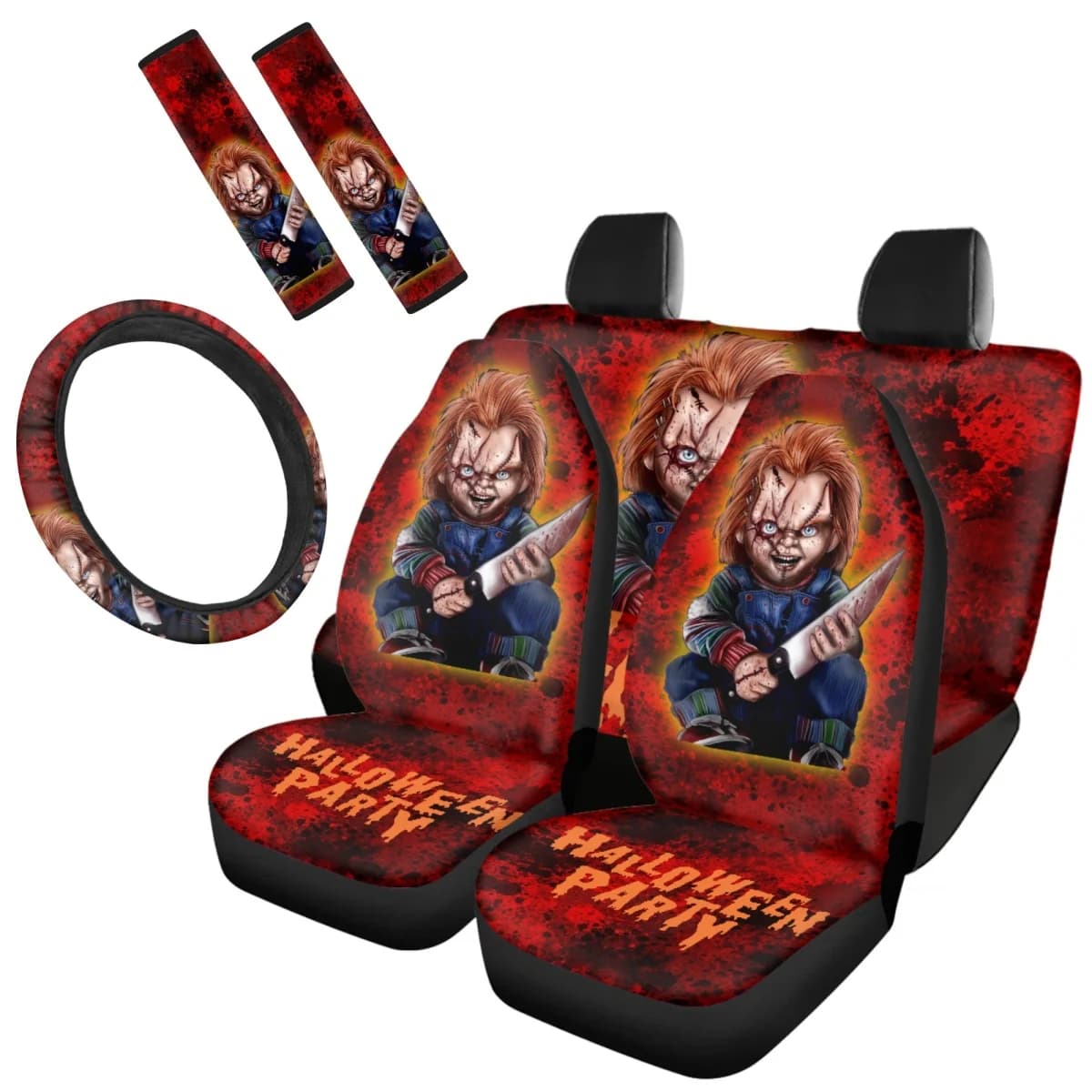 Horror Movie Killer Halloween Decoration Chucky Front Back Seat Cover Set Safety Belt Cover Interior Accessories