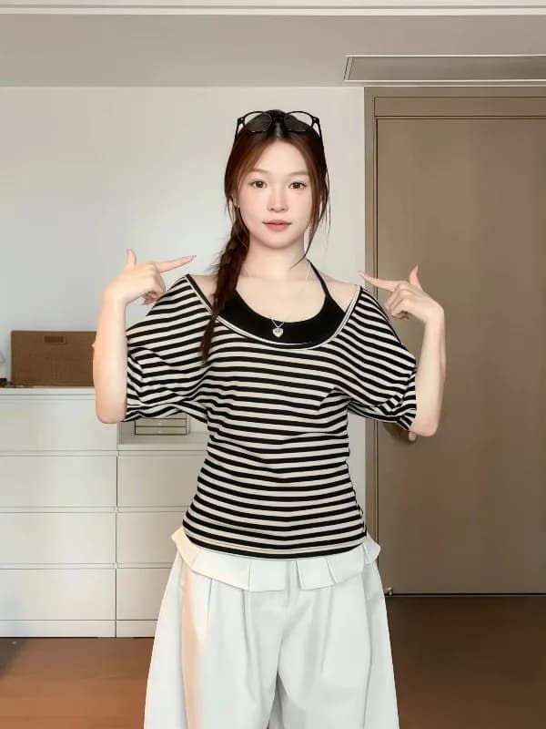 plus Size Women's Trendy Short Sleeve T-Shirt Set Casual Striped Color Block Neck Hanging Vest Two Piece Summer Top