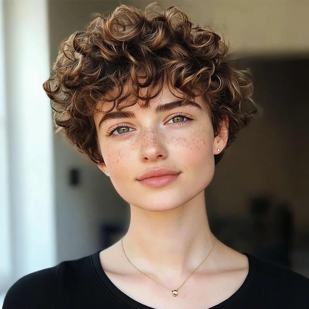 Curly Pixie Cut Wig For Women 100% Human Hair Full Machine-Made Natural Realistic Breathable Rose-Patterned Inner Net Soft Cap