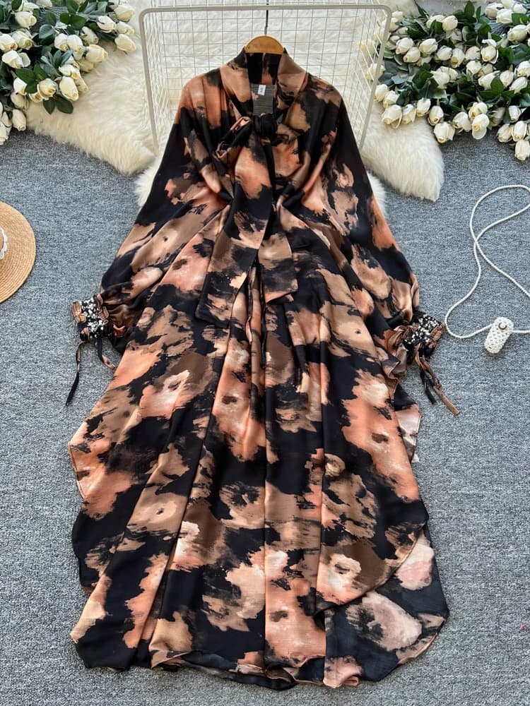 Elegant V-neck Batwing Sleeve Print Slimming Long Dress Women's Commute High Waist A-line Skirt Polyester Fiber Summer Dress
