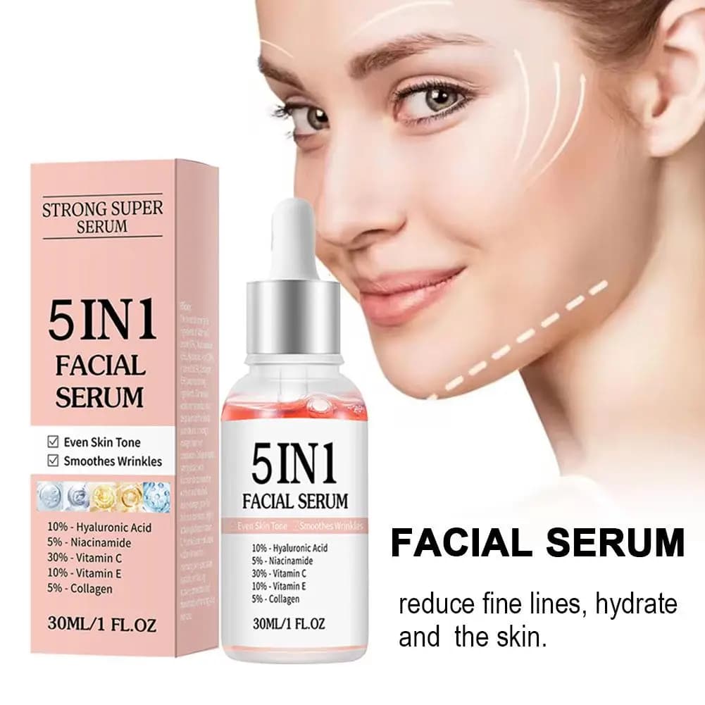 Siero viso 5 in 1 antirughe, illuminante, con vitamina C, niacinamide, acido ialuronico, idratante, rassodante, essenza per la cura della pelle del viso