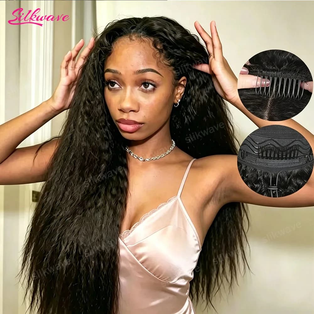 Kinky Straight Half Wig Human Hair 3 In 1 Half Wig Glueless Wig Human Hair 200 Density Clip In Drawstring Seamless Wig For Women
