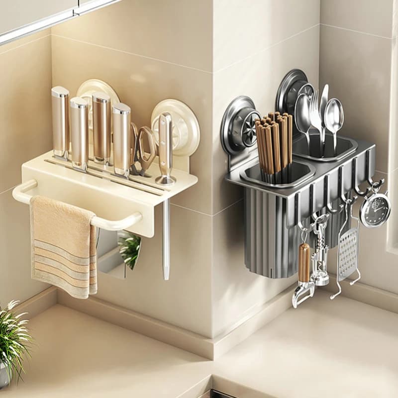 Suction Wall‑Hung Kitchen Cutlery Storage Rack Multislot Knife Organizer with Hooks for Spoon Household Kitchen Gadget