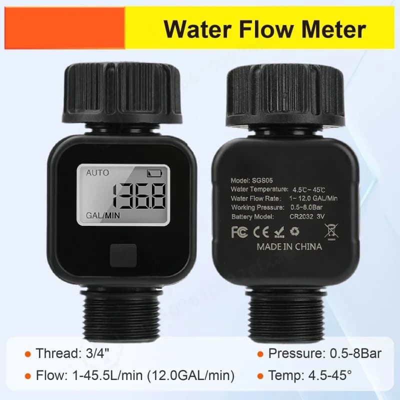 SGS05 Digital LCD Water Flow Meter Garden Irrigation Hose Flow Sensor Battery Powered 0.5‑8Bar GPM LPM Instant Usage Recorder