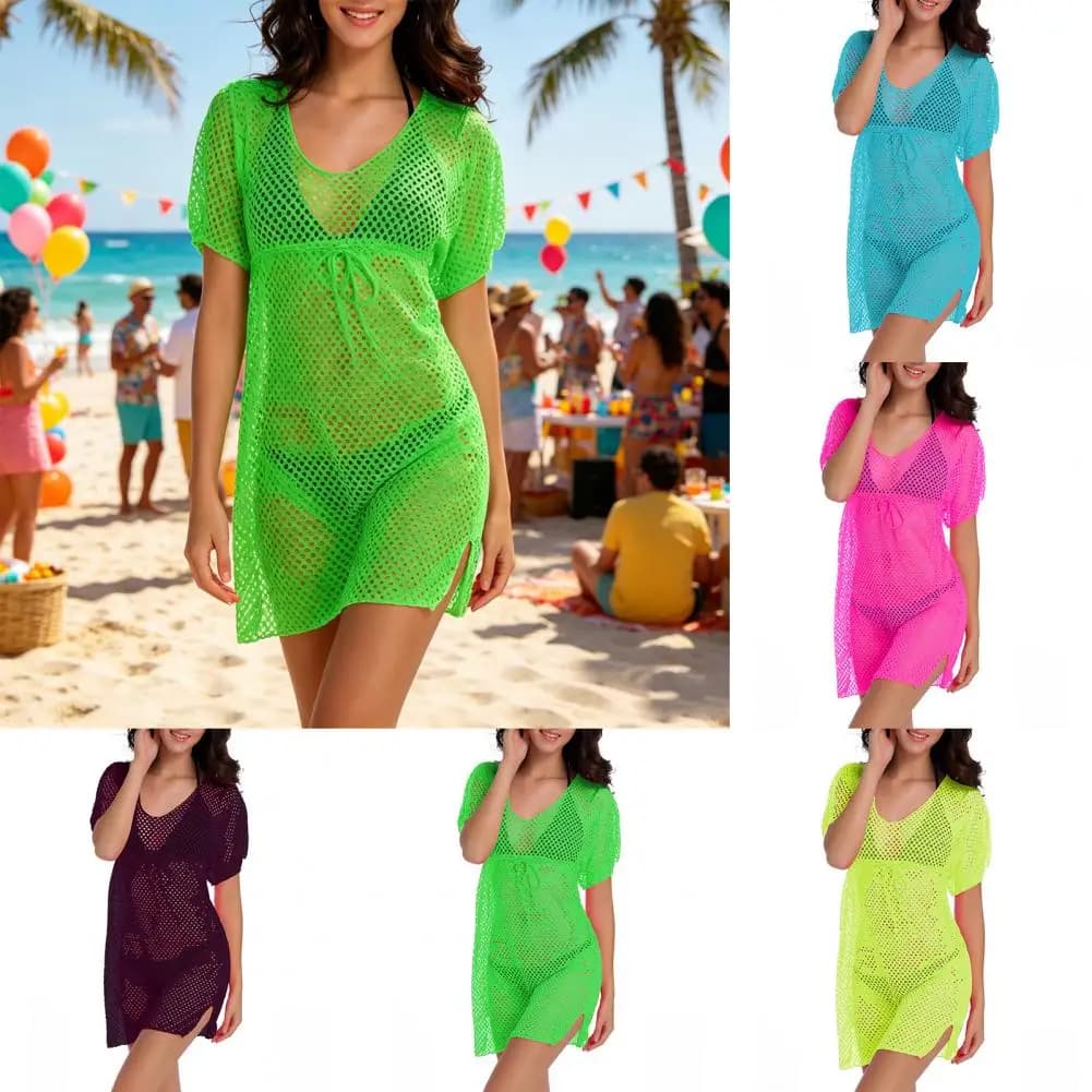 Copricostume Bikini con Coulisse, Traspirante, Protettivo dai Raggi Solari, in Rete, con Spacco Laterale, Vestito da Spiaggia Trasparente