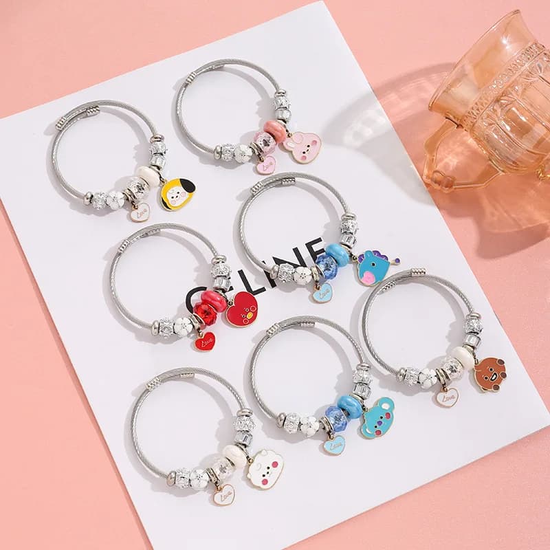 Stainless Steel Bracelet Fashion Cartoon DIY Couples Youth League Concert Support Love Pendant Crystal Bracelet Birthday Gift.