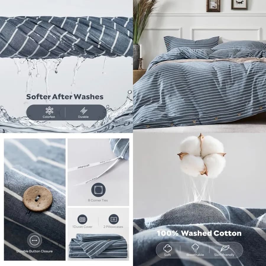 Washed Cotton Duvet Cover Queen Size Breathable Cozy Bedding Set for Modern Homes, Dorms Guest Rooms, Blue Striped Comforter Co