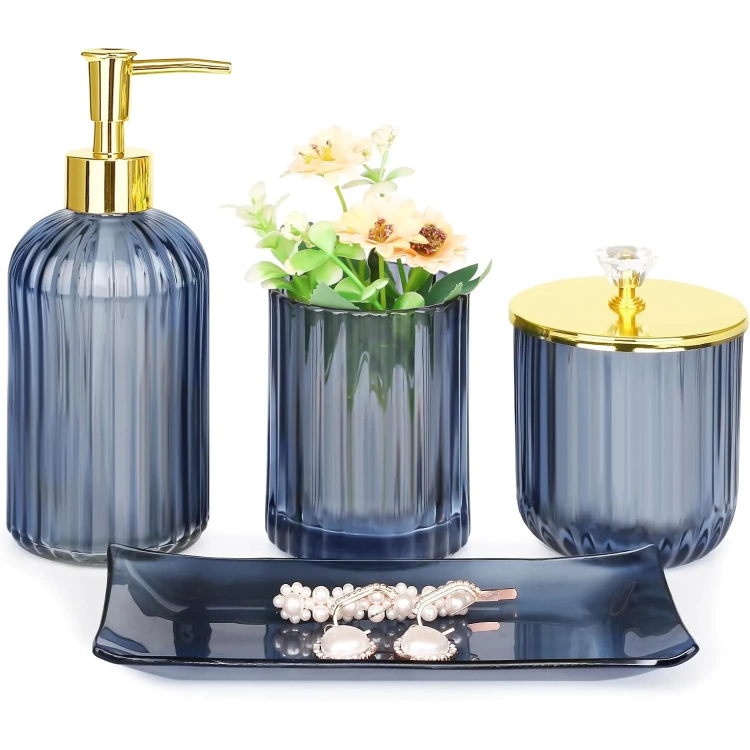 Set di Accessori per Bagno in Vetro Blu, 4 Pezzi con Dispenser Sapone, Porta Spazzolini, Barattolo Farmaceutico e Vassoio, Decorazione Casa