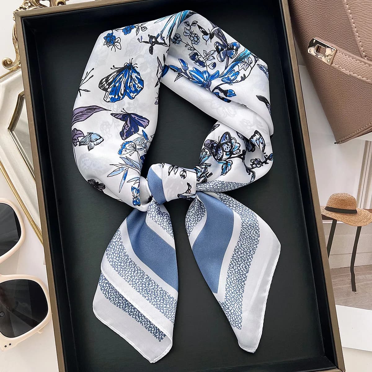 2026 new spring and summer flower printing silk scarf simulation silk 70cm small square scarf scarf women's versatile decorative scarf