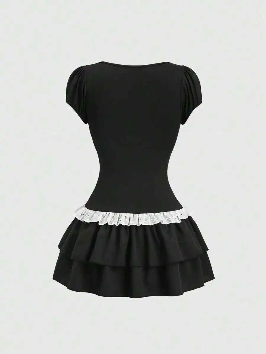 Black And White Patchwork Mini Dress With Ruffled Hem Short Sleeve Womens Dress