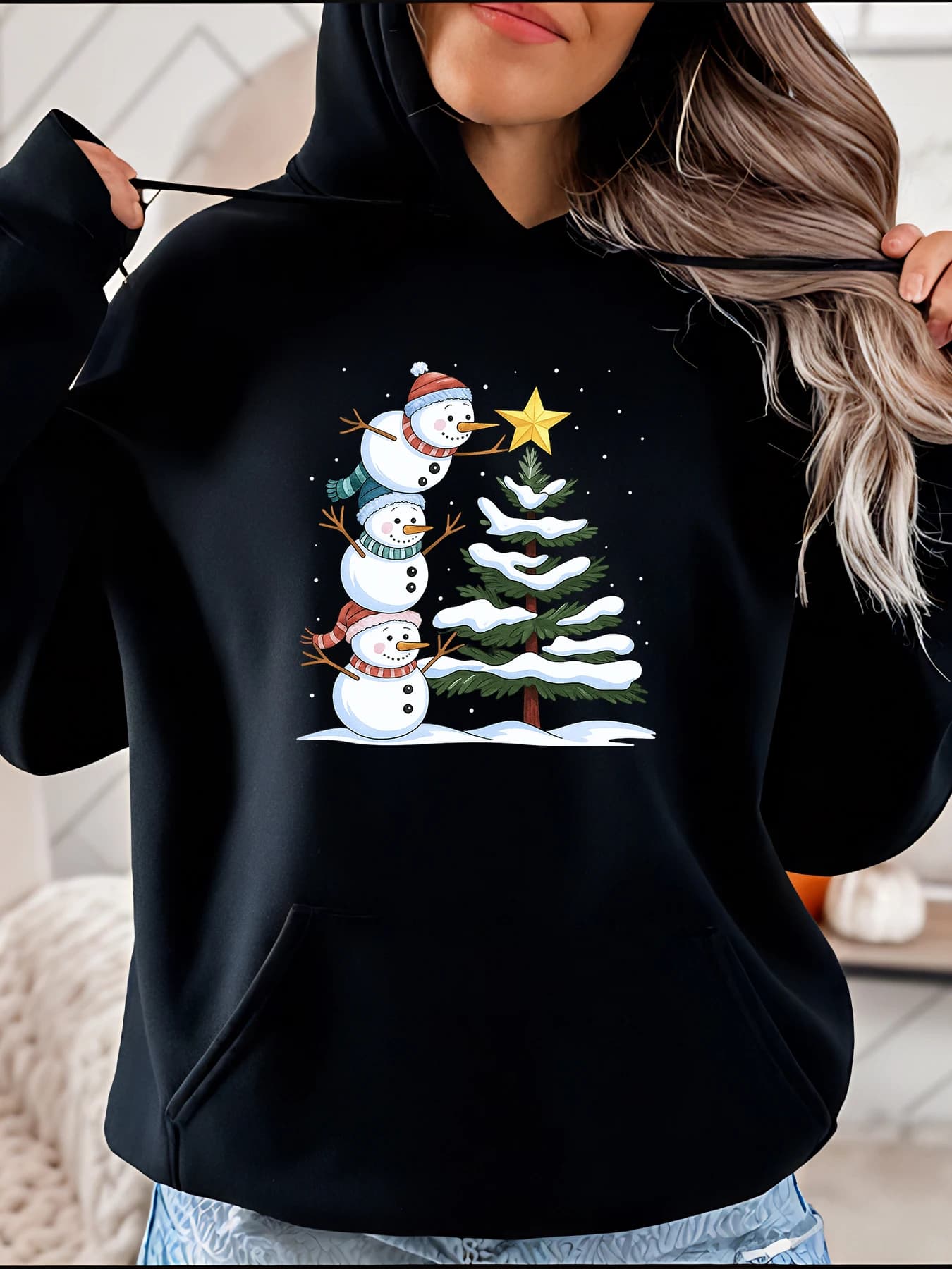 Christmas hoodie with snowman tree print Women's casual winter sweatshirt Holiday suit for woman