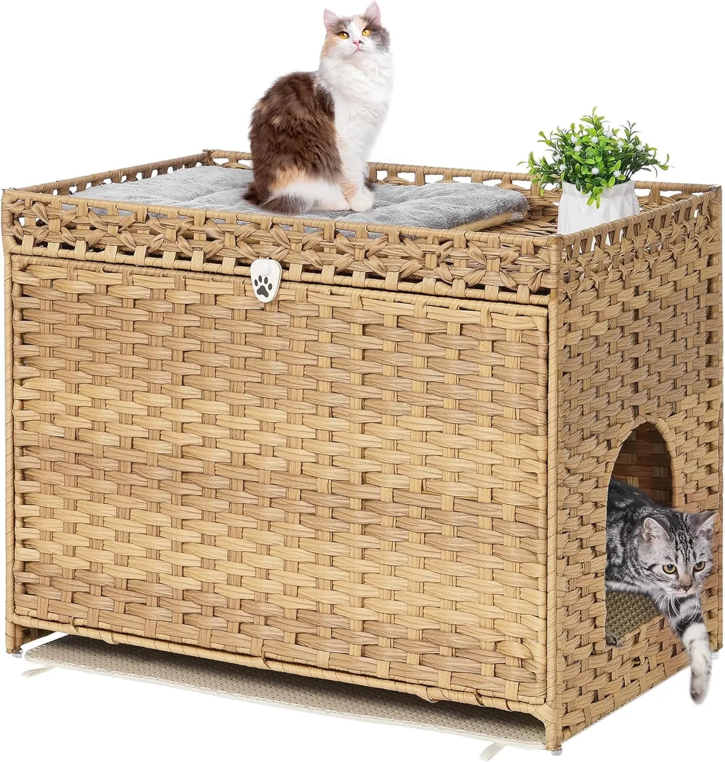Mobiletto WC per Gatti Nascosto con Tappetino Morbido, Recinto in Rattan per Lettiera, Cuccia Spaziosa per Animali Domestici