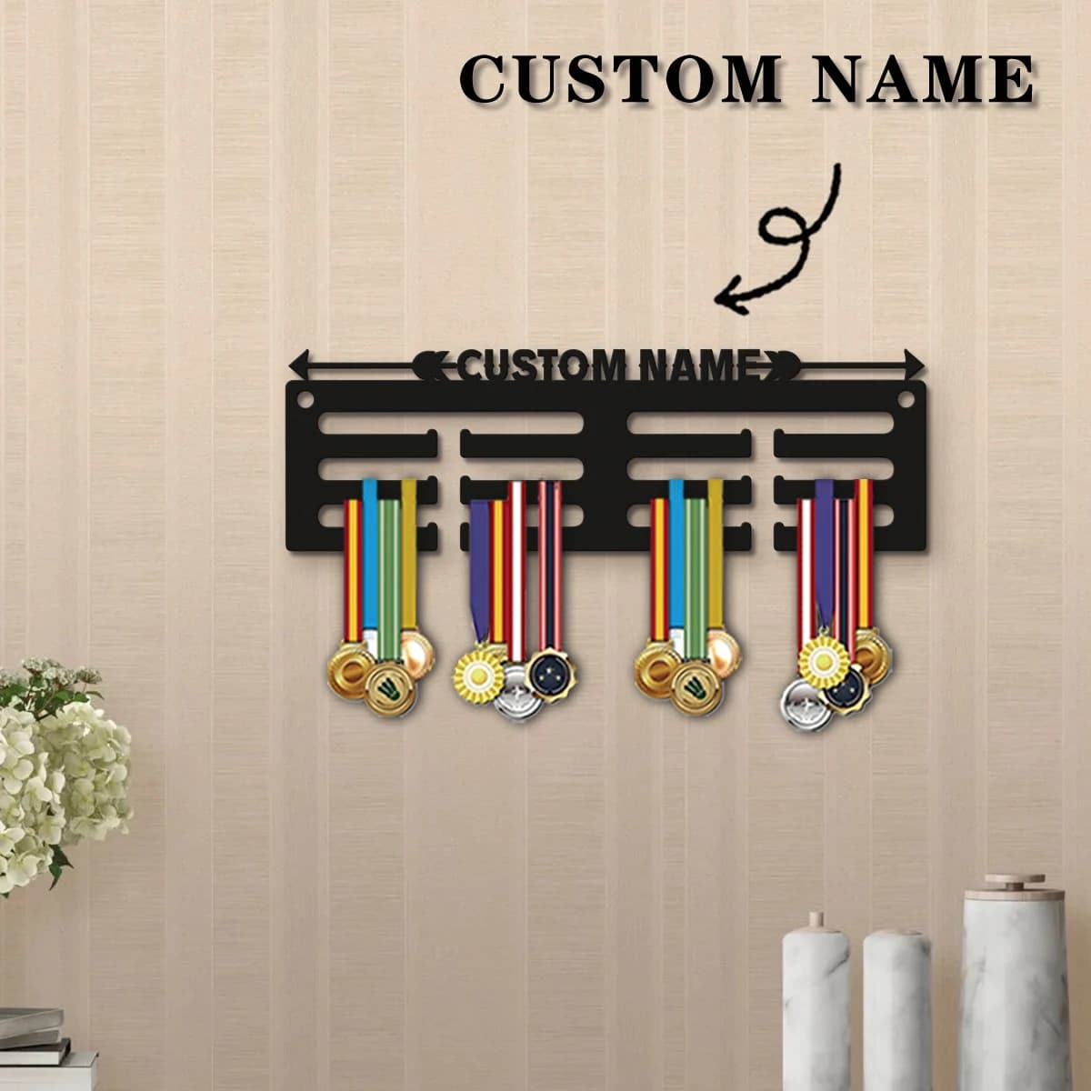 1pc Custom Wooden arrow Medal Hanger, Personalized Medal Display Rack for Athletes,Ideal Gift for Family Friends