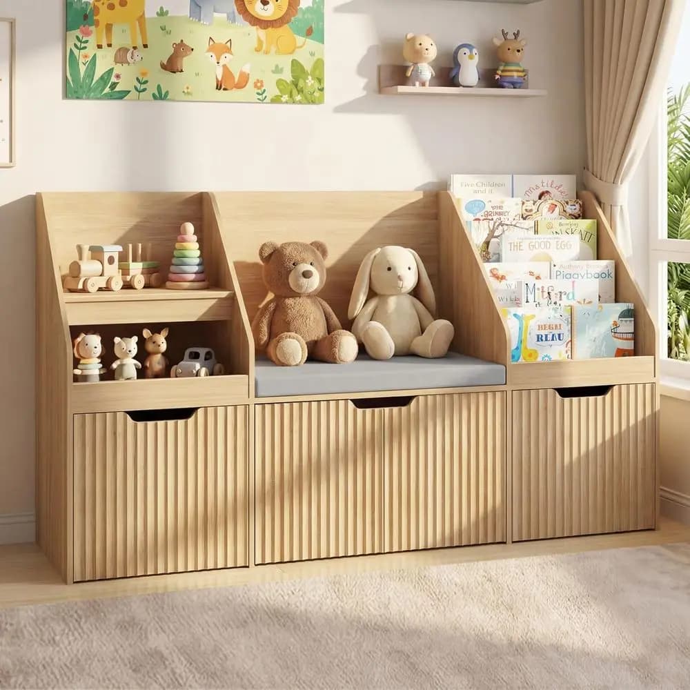 Libreria per bambini con angolo lettura, organizer porta giocattoli, cuscino per seduta e 2 scrivanie mobili per sala giochi o camera da letto, Naturale