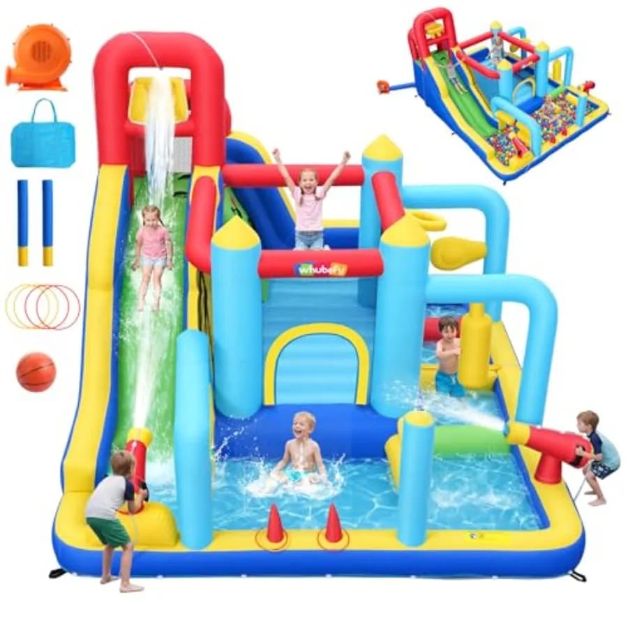 Scivolo Acquatico Gonfiabile con Percorso a Ostacoli, Piscina con Area Salto, Scivolo con Sacco da Boxe e Casa Gonfiabile Acquatica per Grandi Giardini