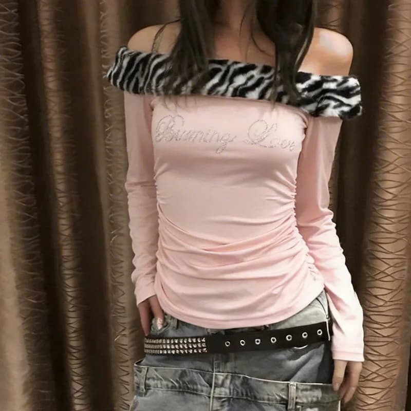 American Sexy Tube Top Pullovers Casual Bottoming Tees Y2K Zebra Pattern Plush Stitching Letters Rhinestone Long Sleeved T-shirt