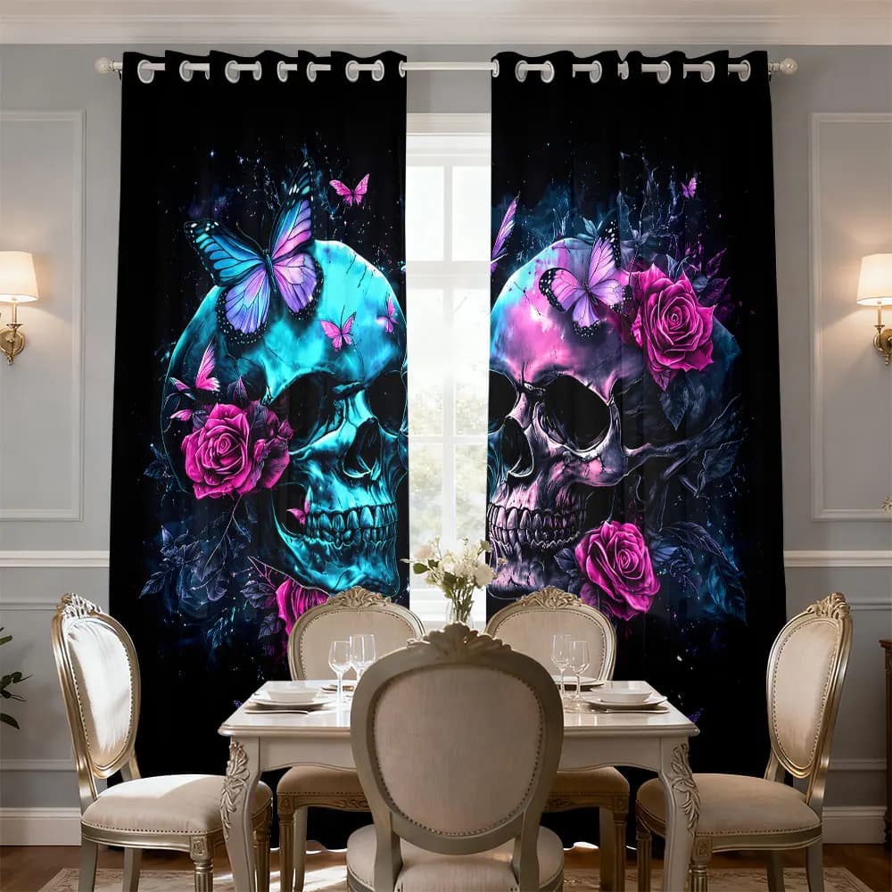 2pcs 90g printed curtains, featuring a double skull head and pink rose butterfly pattern, suitable for machine washing