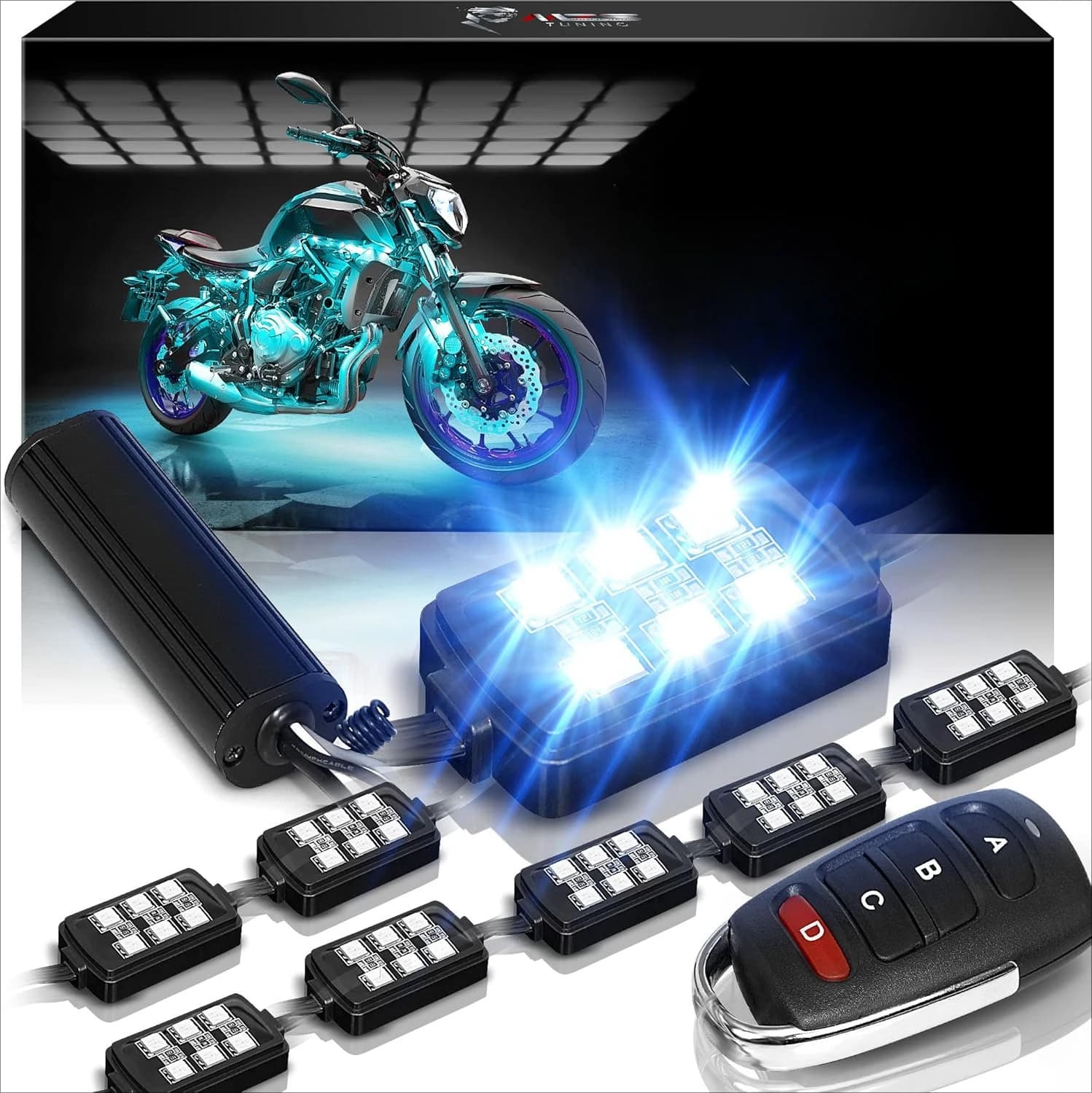 8-piece LED motorcycle lights kit, LED underscore lighting kit with multicolored neon RGB strips