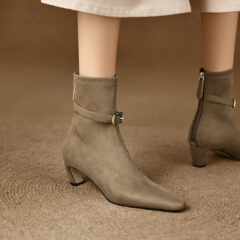2026 new autumn winter women ankle boots 22-24.5cm stretch Flannel square toe modern boots belt buckle back zip skinny boots