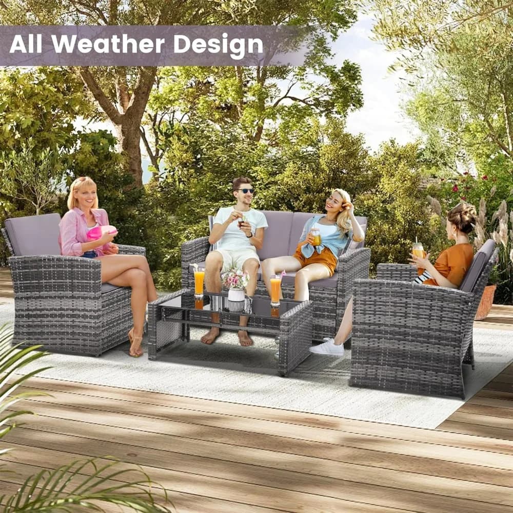 Set da conversazione per patio in rattan da 4 pezzi, divano componibile in vimini imbottito, mobili per portico da giardino, spazio abitativo all'aperto