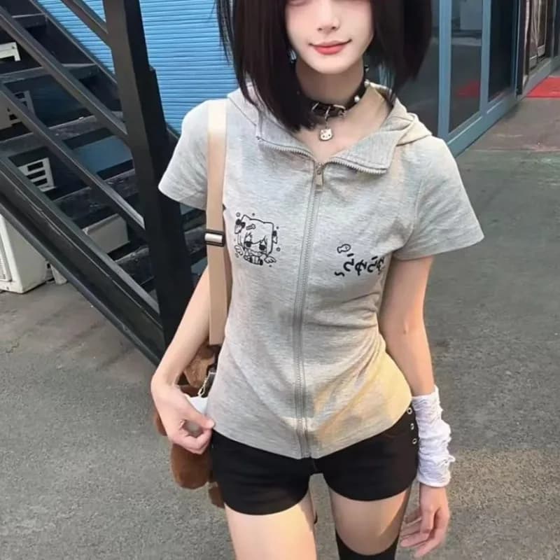 Gray Zip-Up Hoodie Women with Cartoon Print and Hood Short-Sleeve Casual Summer Jacket for Street Style 2025