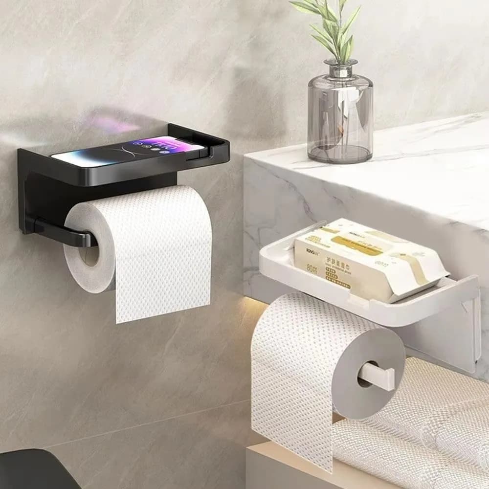 Multifunctional Plastic Toilet Paper Holder Wall Mounted No Drilling Tissue Holder With Shelf Toilet Organizer Rack Bathroom Use