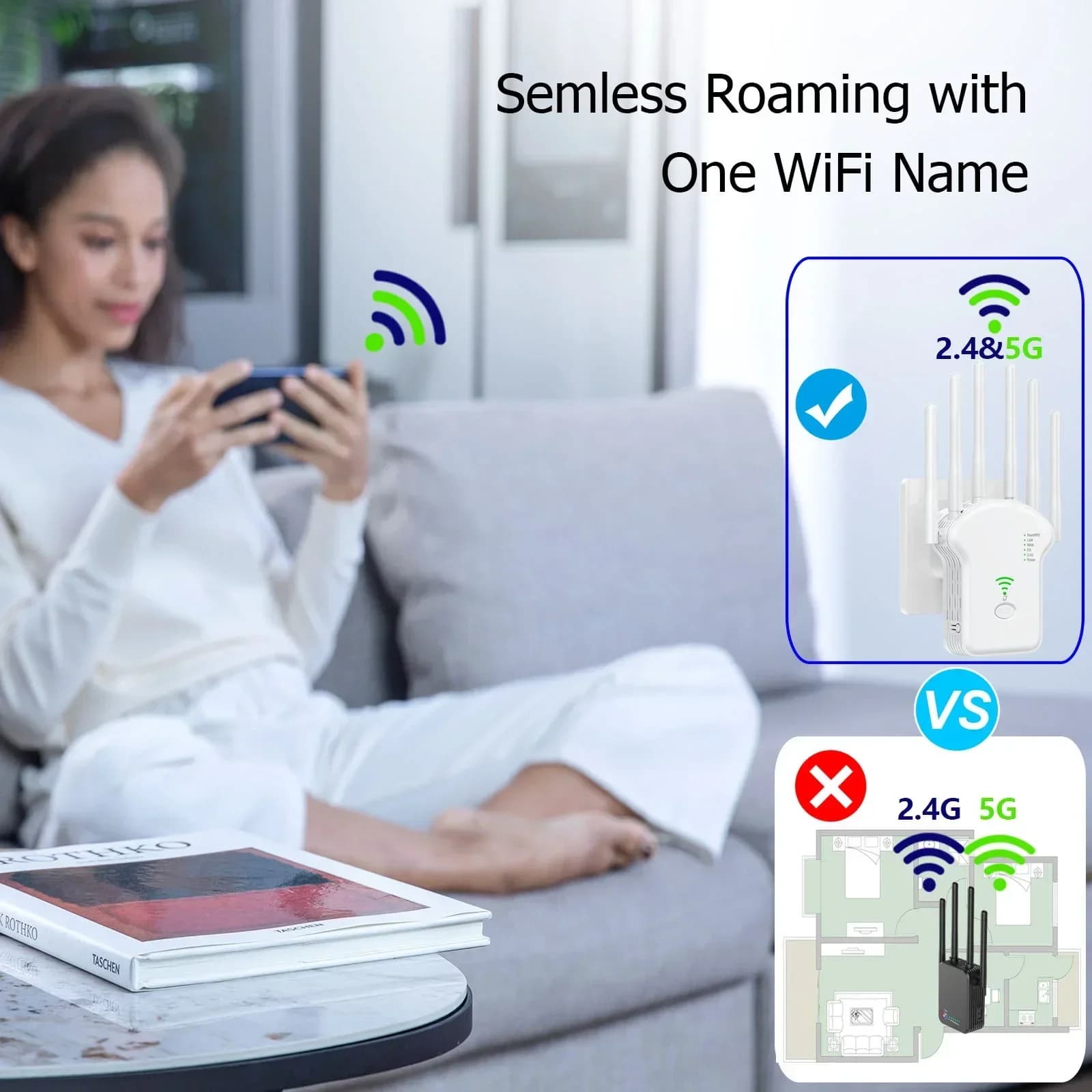 Ripetitore WiFi Router Wireless 1200Mbps 2.4G 5G, Estensore di Segnale ad Alto Guadagno con 6 Antenne, Amplificatore di Rete, Potenziatore di Segnale a Lungo Raggio