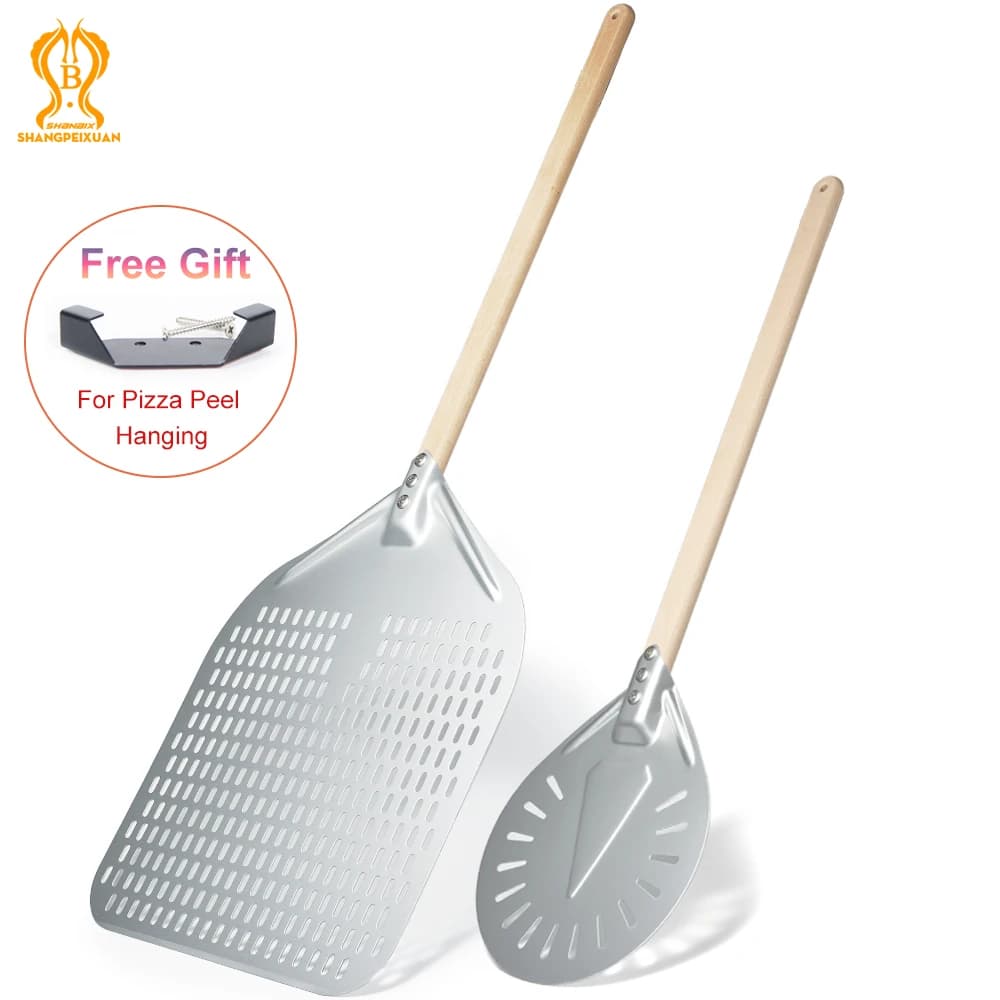 SHANGPEIXUAN Buccia per pizza perforata con buccia per pizza girevole Manico in legno Pala per pizza Spatole corte anodizzate Strumenti di cottura