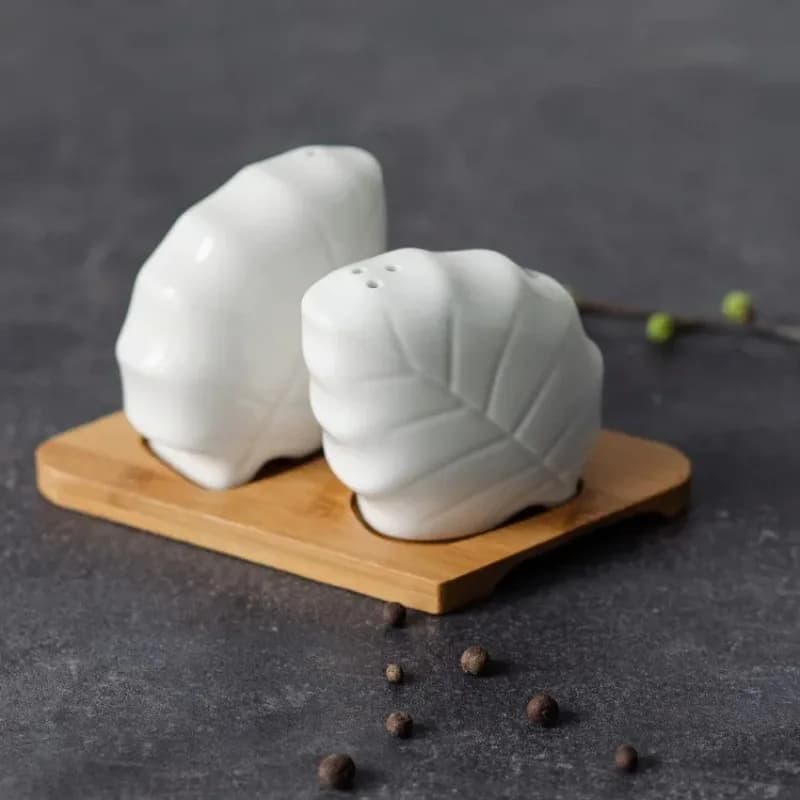 Set di bottiglie di spezie in ceramica semplice nordica, sale creativo a forma di foglia, agitatore di pepe in 2 pezzi, scatola di condimento, decorazione della cucina