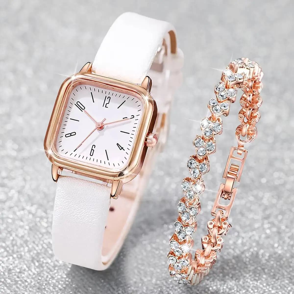 2PCS/Set Fashion Square Women Watches Leather Strap Quartz Wristwatch Rhinestone Bracelet Set Reloj Mujer