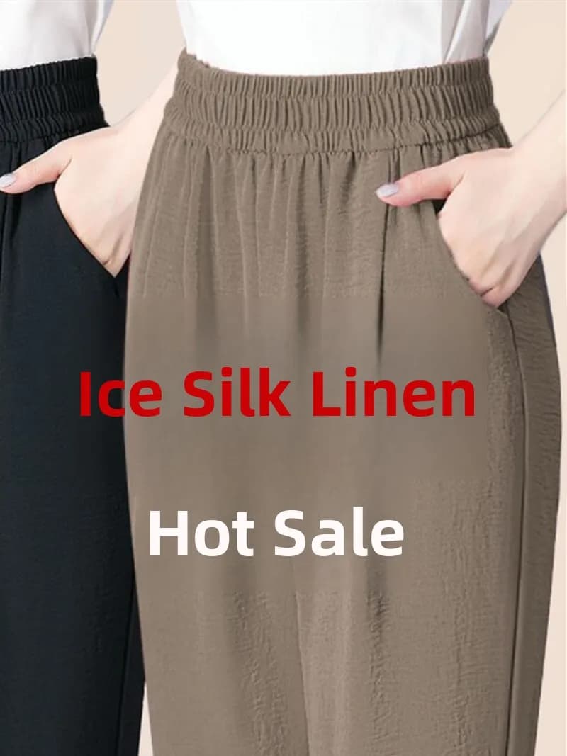 Pantaloni Casual da Donna a Vita Alta in Seta Ghiaccio e Canapa, Gamba Dritta Sottile, Stile Harlan, Lunghi al Polpaccio, Estivi, Tinta Unita