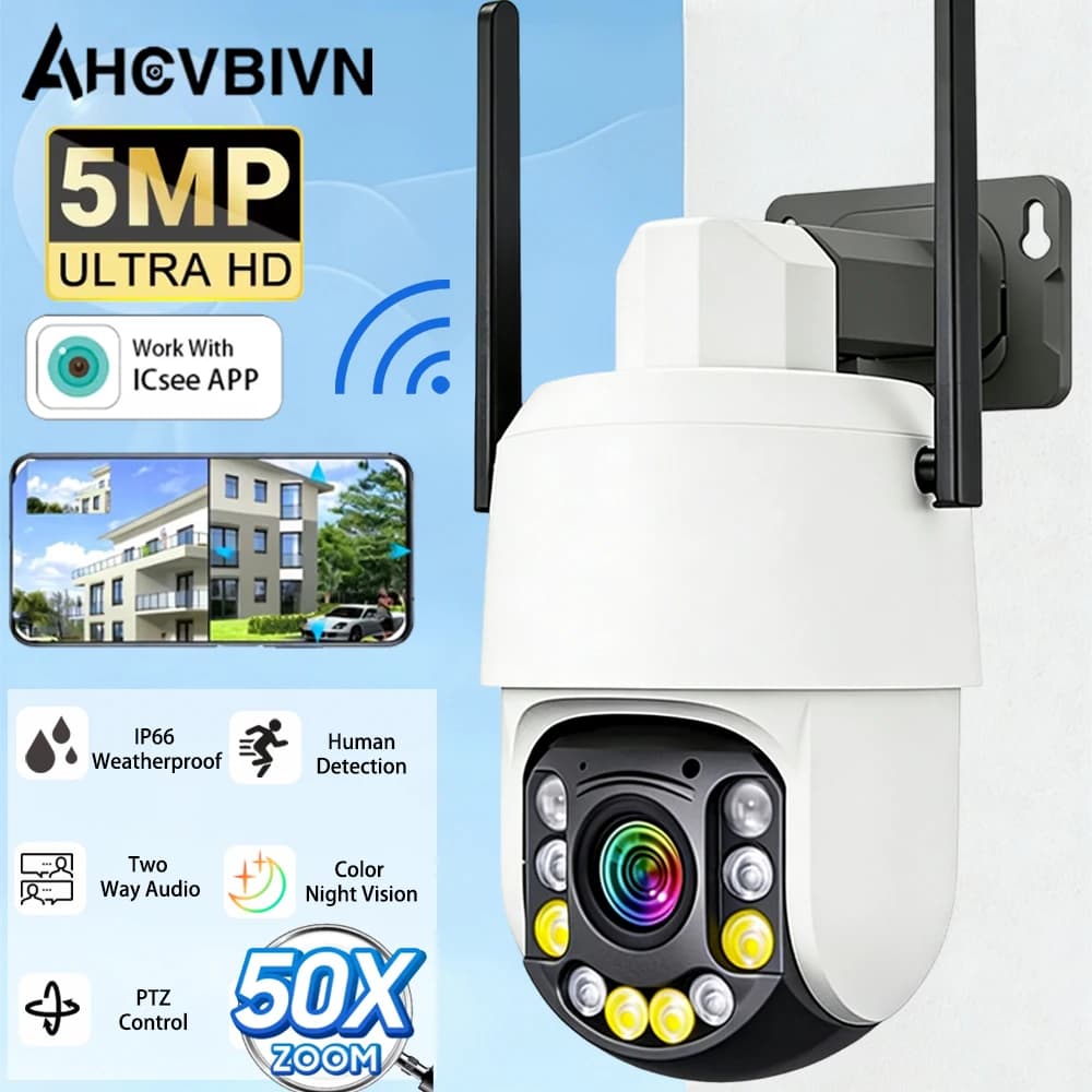 Telecamera di sicurezza PTZ iCSee Outdoor WiFi 50X ZOOM 2K 5MP con rilevamento umano, videosorveglianza wireless.
