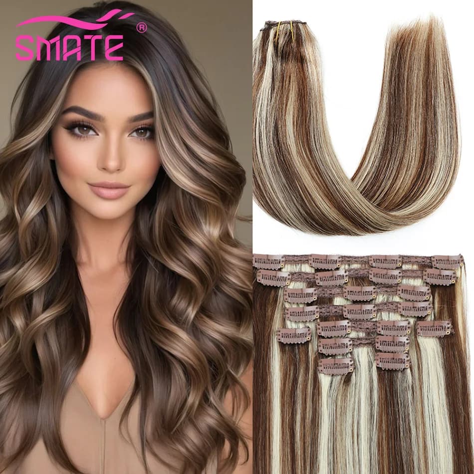 Brazilian human hair extensions SMATE Clip In 100% Remy, 7 pieces, 80-140 g, smooth, with brown to platinum blond reflections, invisible