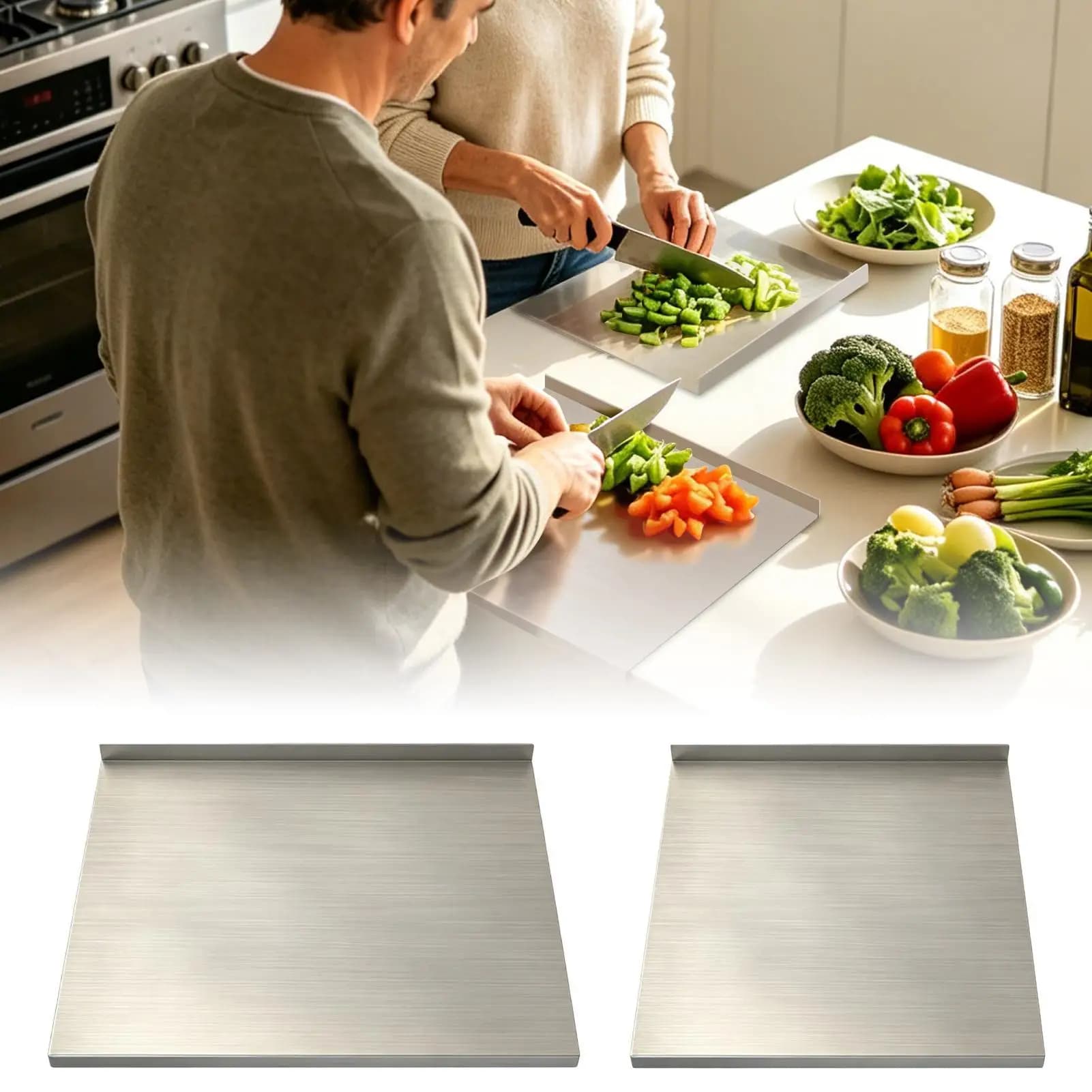 Tagliere in acciaio inox a forma di L, doppio lato, lavabile in lavastoviglie, per carne, frutta, pane.