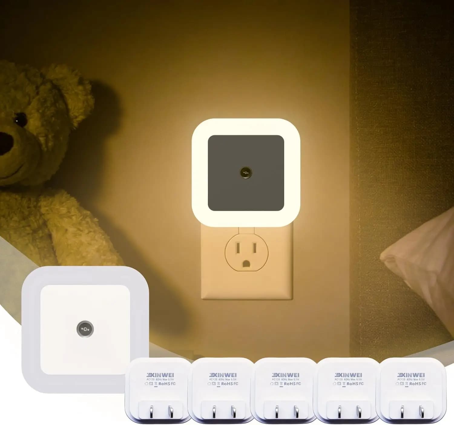 Luce Notturna LED Automatica con Sensore Crepuscolare, Moderna Quadrata da Inserire nella Presa per Corridoio e Camera da Letto, Confezione da 6, Luce Calda