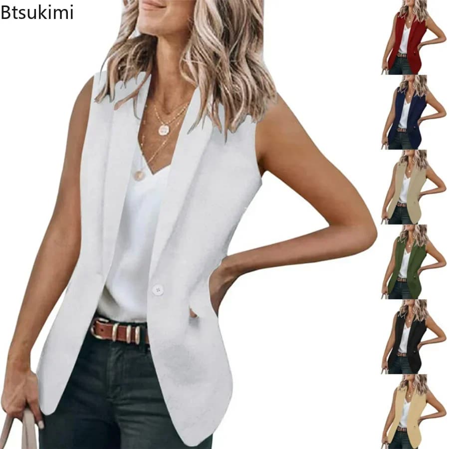 Gilet Blazer Estivo da Donna 2026, Gilet Senza Maniche Tinta Unita, Giacca da Completo Femminile con Colletto, Cardigan Largo Monopetto da Donna