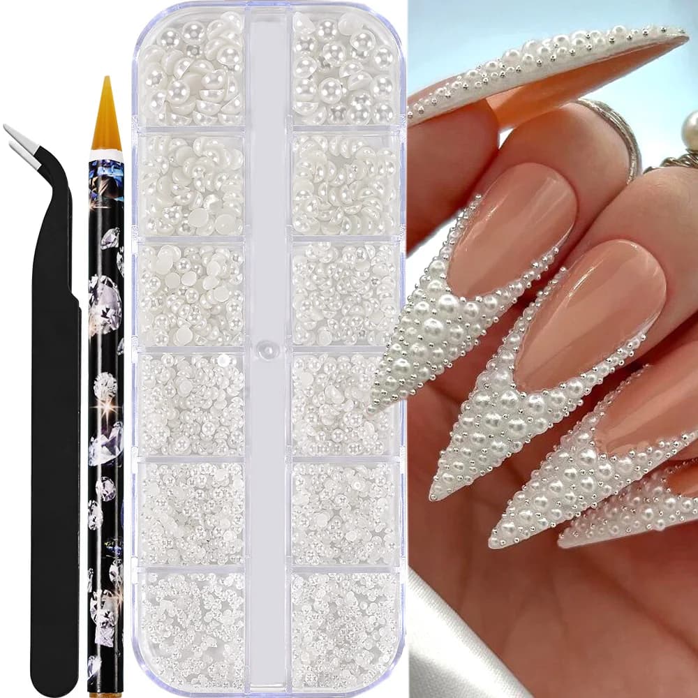 12 griglie perle semicircolari perline ciondoli per unghie 3D 1.5/2/2.5/3/4/5mm perle bianche con retro piatto gioielli per unghie artigianato per unghie strass di perle