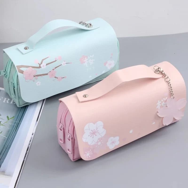 Cherry Blossom Pencil Case Large Capacity Multifunctional Stationery Case Pencil Case Double Stationery Bag