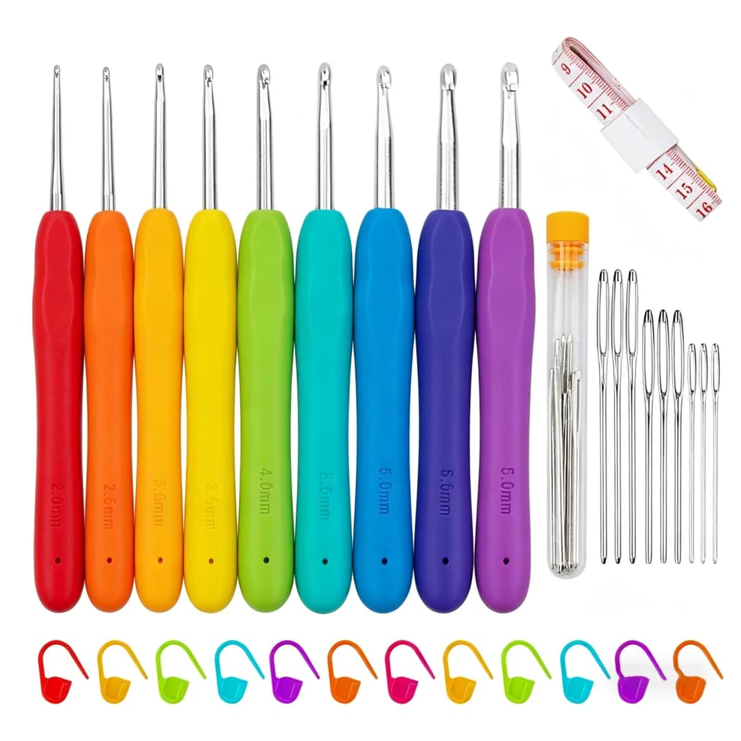 9/14Pcs Crochet Hook Kit 2-6mm/2-10mm Stainless Steel Ergonomic Handles with 20 Stitch Markers 9 Yarn Needles Tape Measure