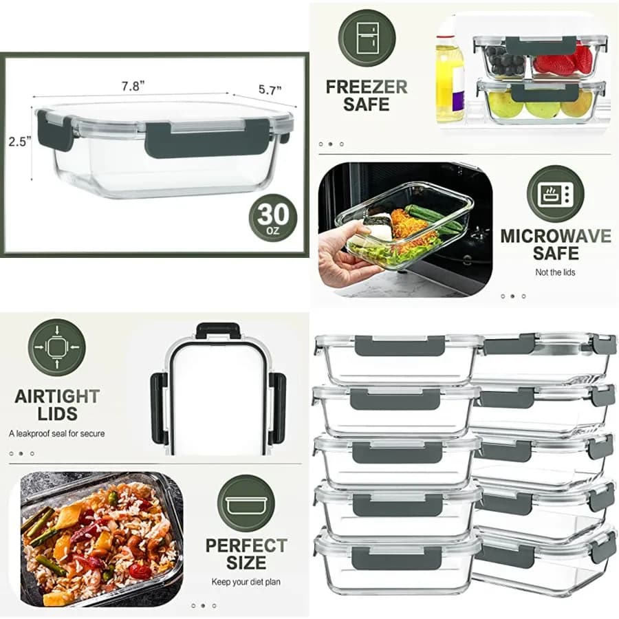 10 Confezioni di Contenitori in Vetro da 30 oz per Preparazione Pasti, Contenitori in Vetro per Conservazione Alimenti con Coperchi, Scatole Bento Ermetiche per Pranzo, Adatte al Microonde, Gratuite
