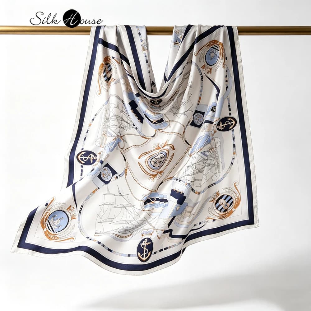 Light Luxury Blue and White Nautical Print Vacation Style 100% Natural Mulberry Silk Plain Satin Large Square Scarf Shawl
