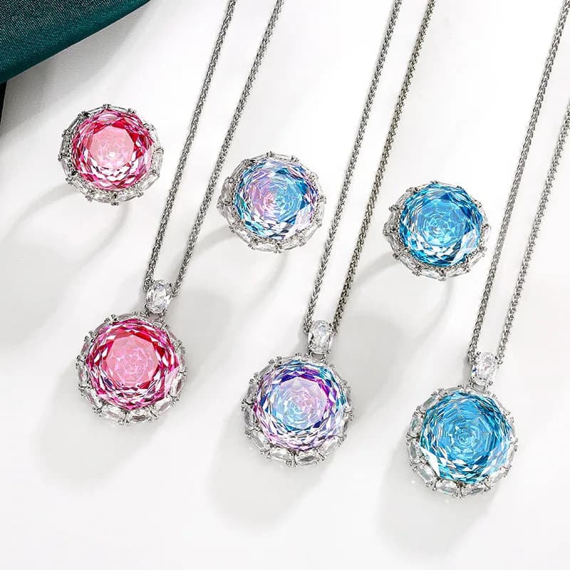 Splendida Collana con Pendente Taglio Rosa e Anelli da Dito, Pietre a 3 Colori Grado 5A da 16-18mm, Catena da 55cm, Accessori Moda Gioielli