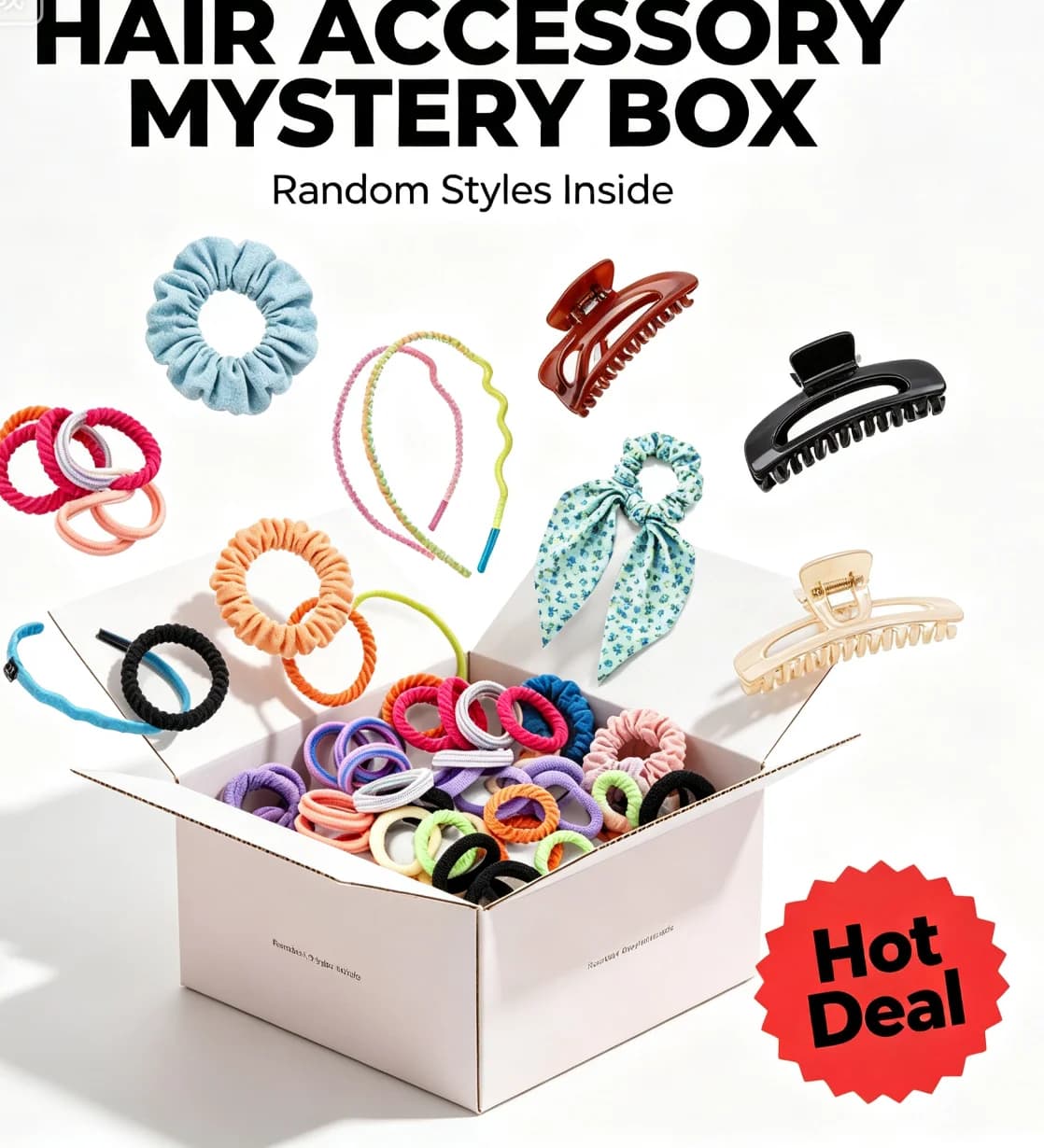 Random Hair Accessories Blind Box, Snap Hair Clips Elastic Hair Ties Wavy Headbands Claw Clips Scarf Scrunchies Mixed Surprise Mystery Box for Women Girls Daily Hairstyle