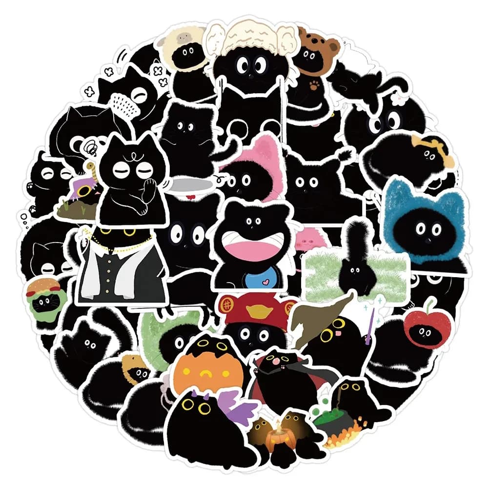 10/30/60pcs Ins Style Cute Black Cat Cartoon Stickers Kawaii Animal Kitten Sticker Notebook Guitar Suitcase Laptop Decals Decor